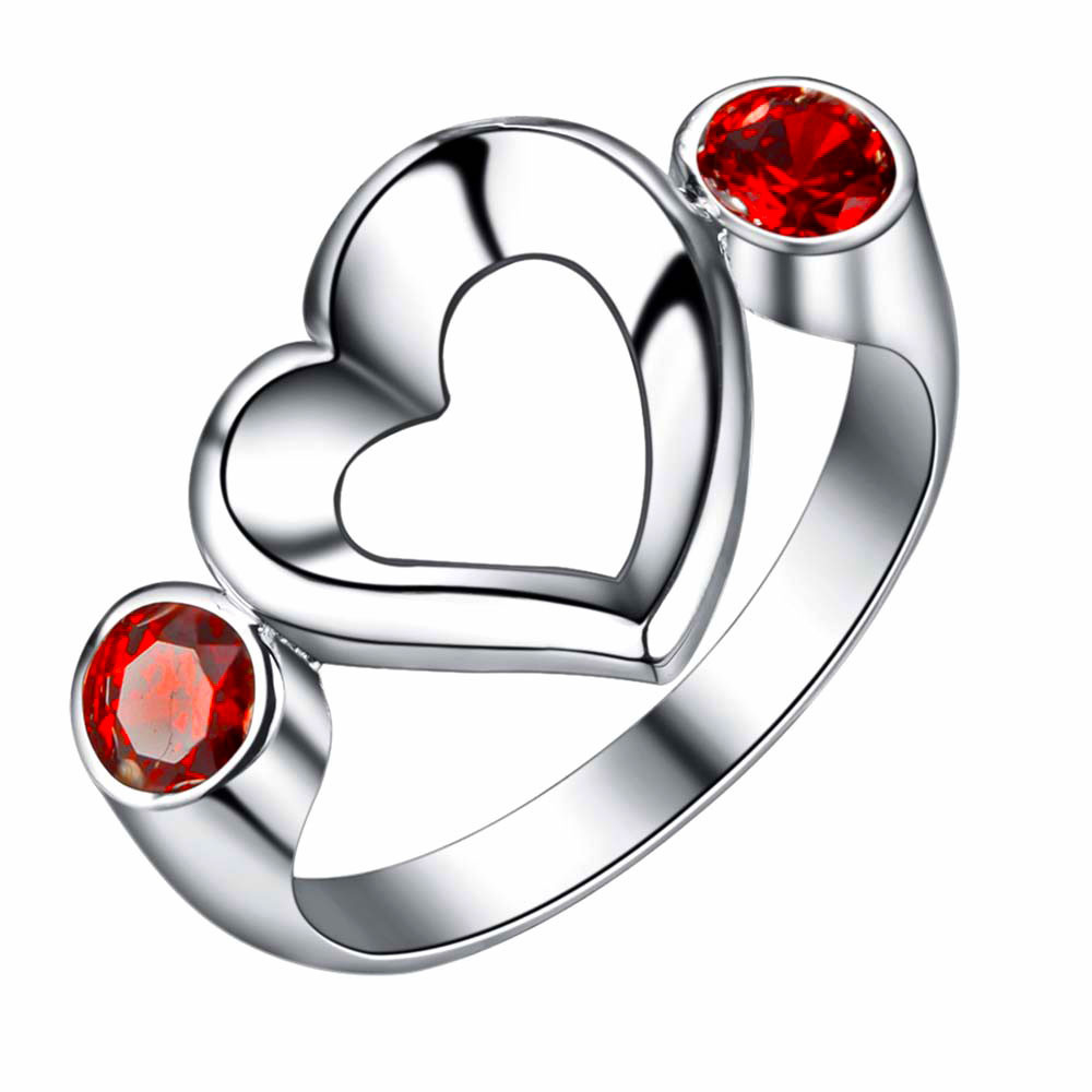 Inel placat cu argint, inimioara asimetrica si 2 zirconii rotunde rosii