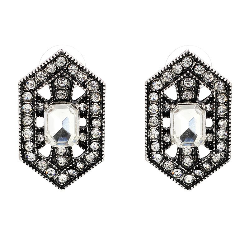 Cercei luxury hexagonali, Silver Sophie cu cristale albe stralucitoare