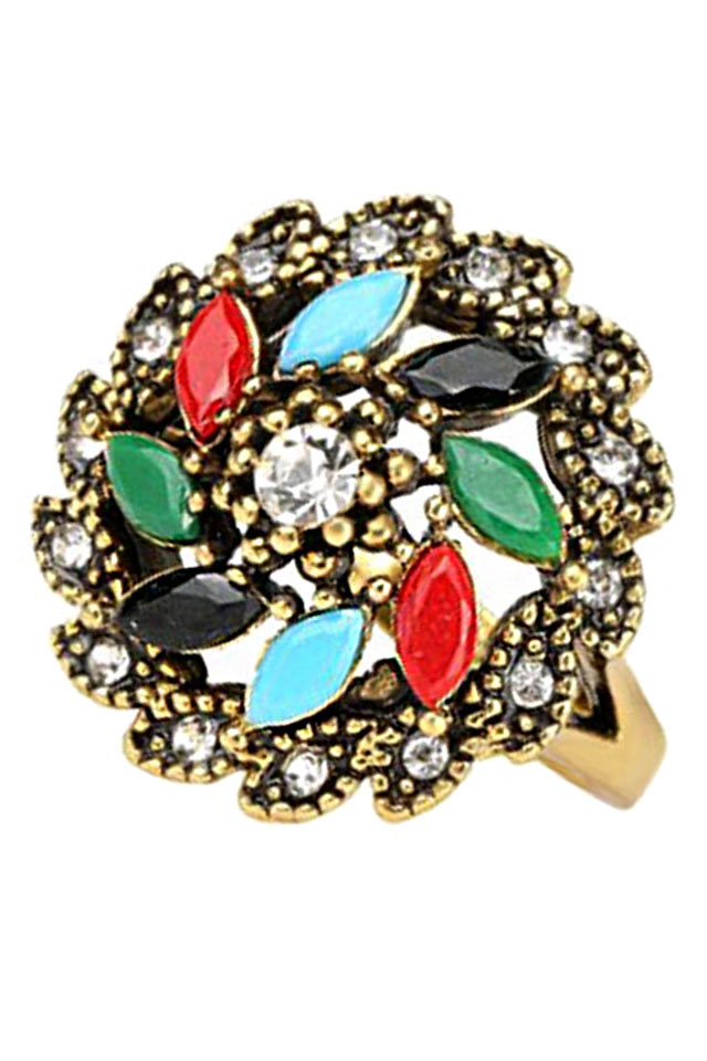 Inel model turcesc cu cristale multicolor dispuse in forma de floare
