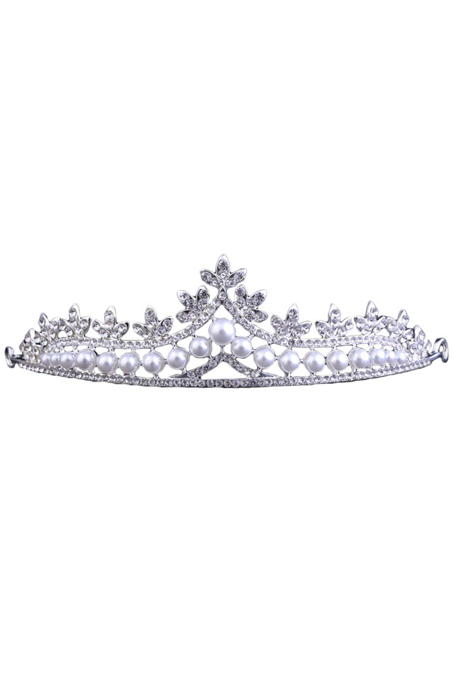 Diadema mireasa Cinderella, model delicat cu frunzulite, cristale rotunde si perle albe