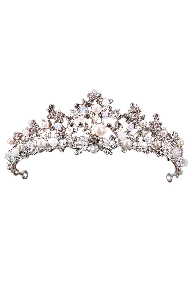 Tiara eleganta Rapunzel, model floral delicat, cu cristale albe fatetate si perle