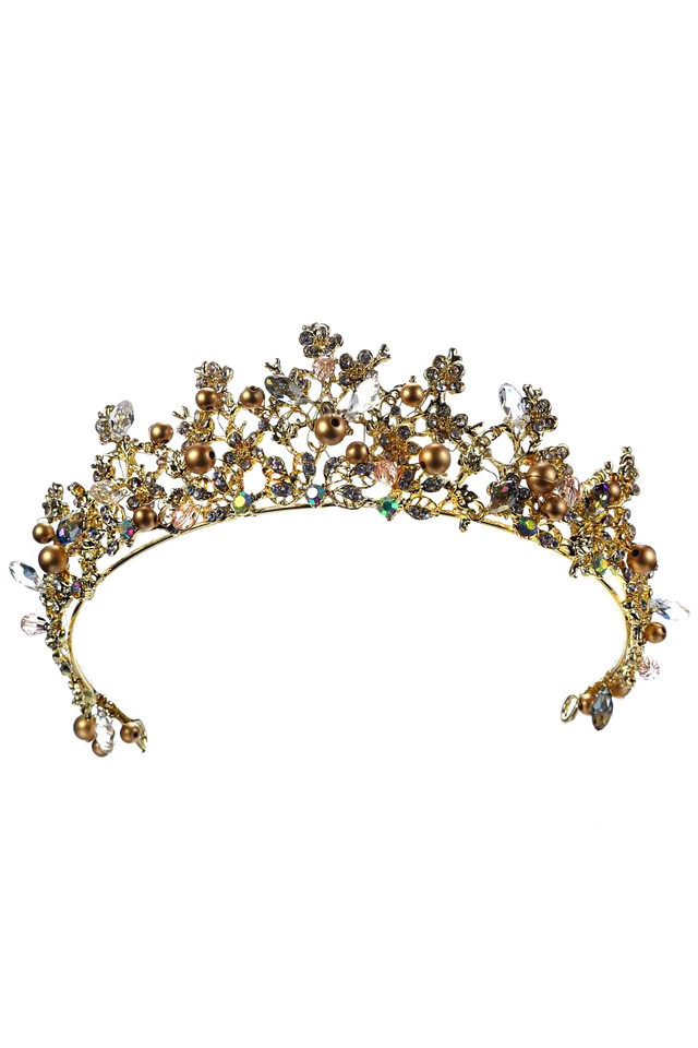 Tiara Golden Pearls, cu cristale, margelute, perle aurii si floricele