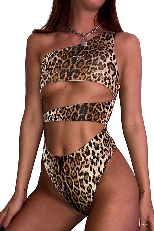 Costum de baie intreg, sold inalt si abdomen decupat, imprimeu leopard