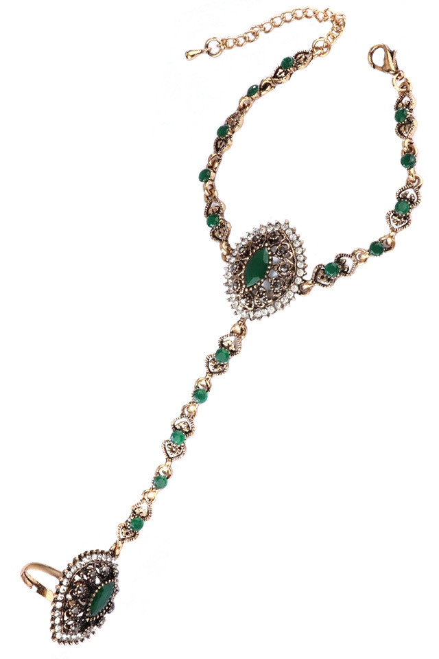 Bratara arabeasca cu inel, medalioane cat-eye cu cristale verzi, albe si hematite
