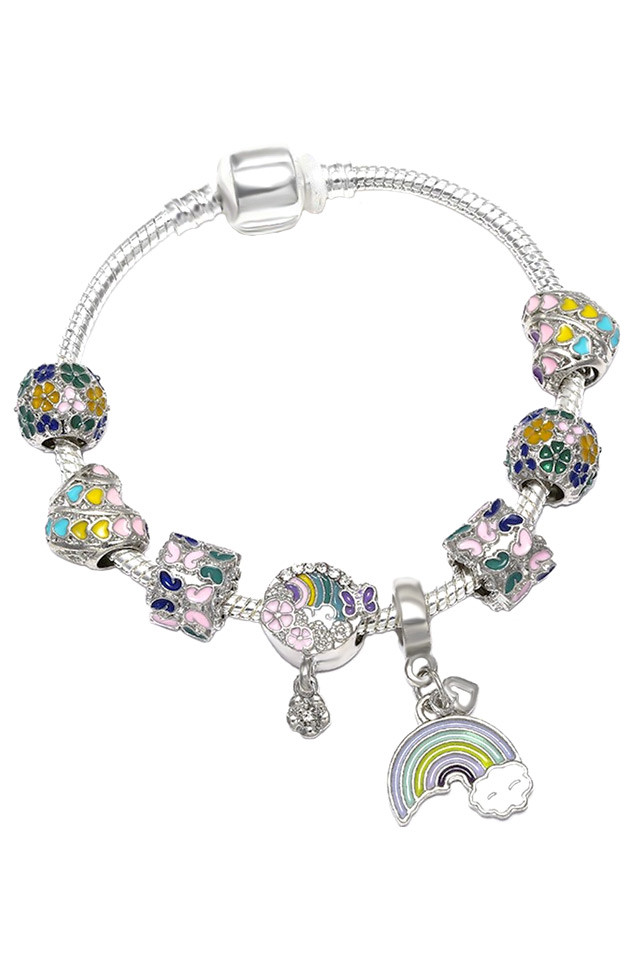 Bratara placata cu argint tip Pandora, medalioane multicolore cu flori, fluturi si curcubeu