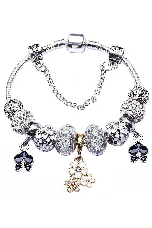 Bratara tip Pandora placata cu argint, orhidee, buchet de floricele, cristale si margele fatetate