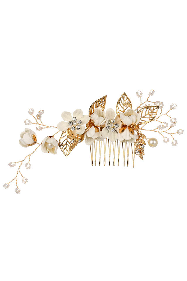 Pieptene de par din fir delicat impletit cu flori textile, cristale, frunze si perle