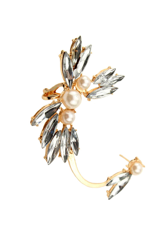 Cercel ear cuff elegant, Marigold, flori cu cristale ascutite si perle