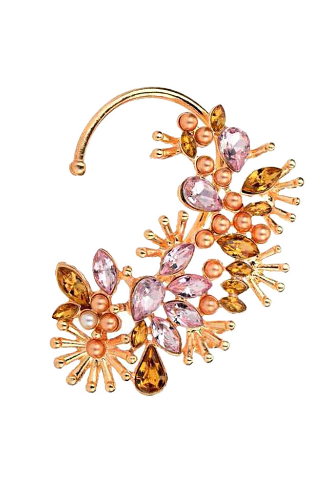 Cercel ear cuff auriu cu cristale roz si mici perle