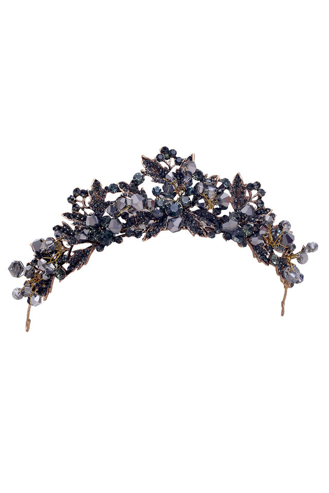 Tiara eleganta Black Elder, frunze si floricele cu cristale si margelute fatetate