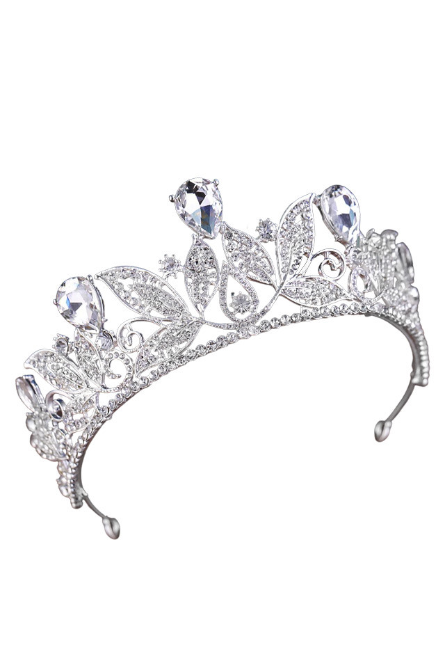 Tiara Queen Titania, frunze cu cristale rotunde si picaturi mari