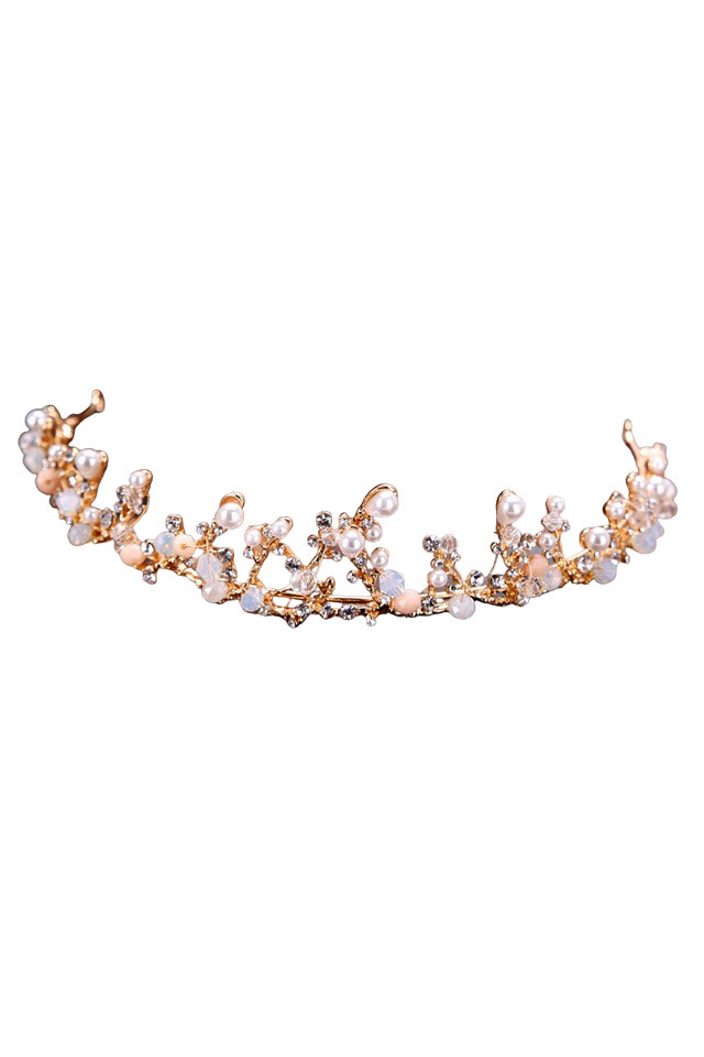Tiara eleganta Eileen, model delicat cu ramurele, cristale, margelute si perle