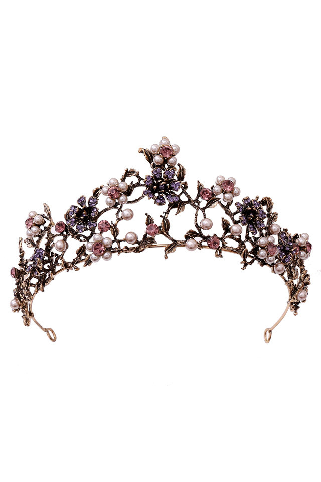 Tiara romantica Daphnaie, cu flori din cristale si perlute si frunze metalice