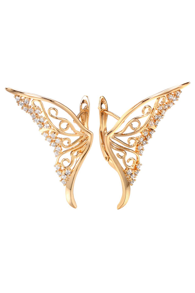 Cercei eleganti metalici, aripi de fluture filigranate, cu cristale