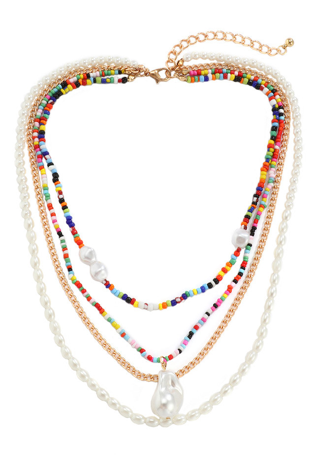 Colier multilayer cu 4 siraguri, perle, margelute colorate si lantisor