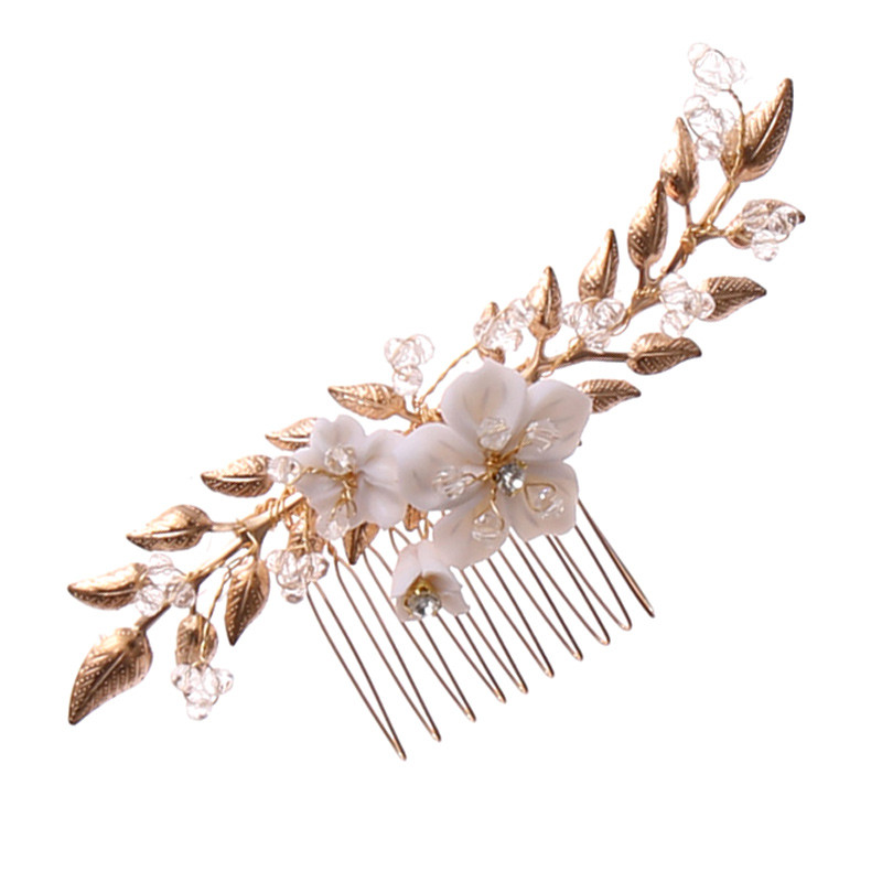 Pieptene de par elegant, ramuri lungi metalice si trei floricele din acril, cu margelute