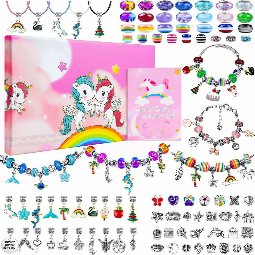 Set accesorii tip Pandora, unicorni colorati, charmuri colorate, 5 bratari, 5 coliere, ambalaj cadou