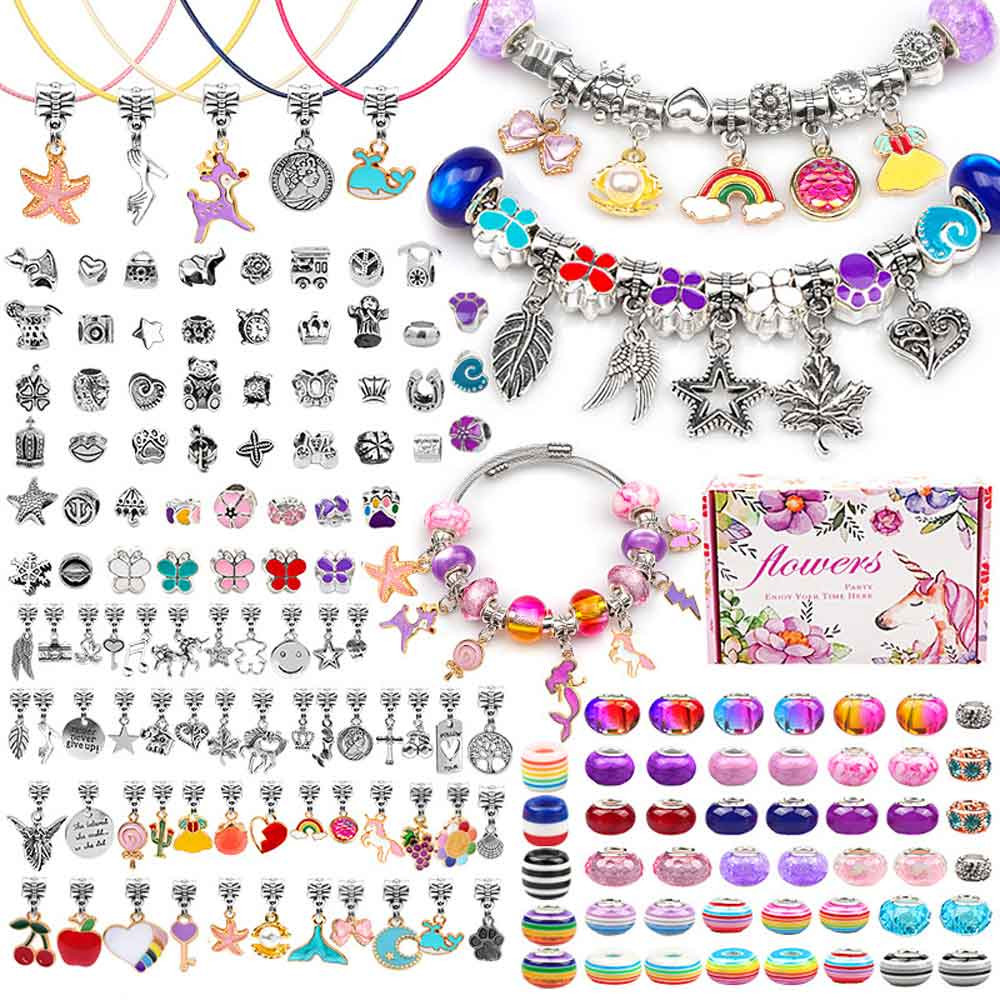 Set accesorii tip Pandora, 150 charmuri colorate, 7 bratari, 5 coliere, ambalaj cadou cu unicorn si flori