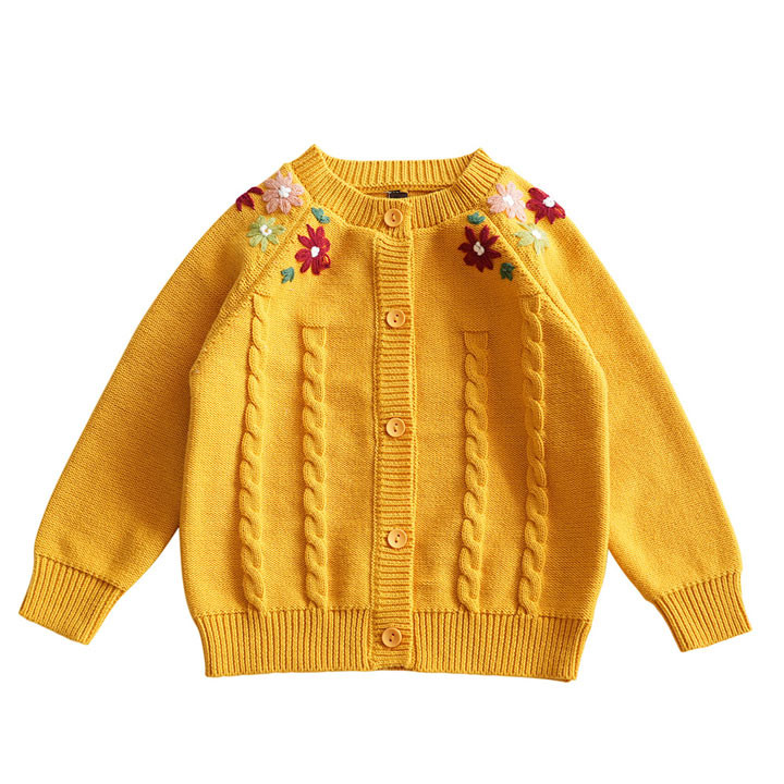 Jacheta tricotata pentru copii, model clasic, cusuta cu flori