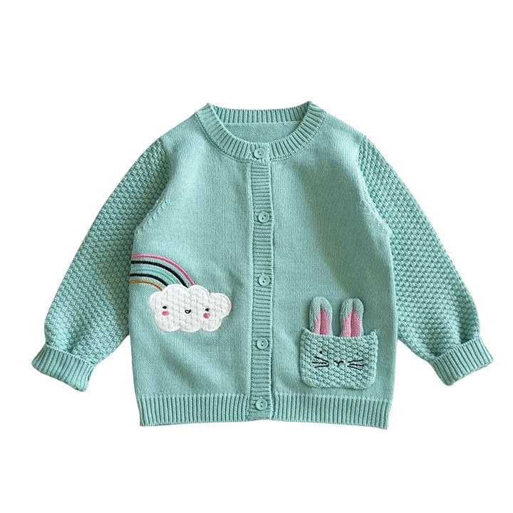 Jacheta tricotata pentru copii, cu buzunar iepuras, curcubeu si norisor