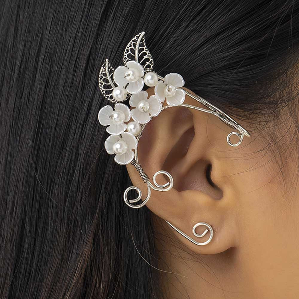 Cercel ear cuff wrap, hand made, ureche de elf din fir metalic, cu 5 flori, frunze si perle