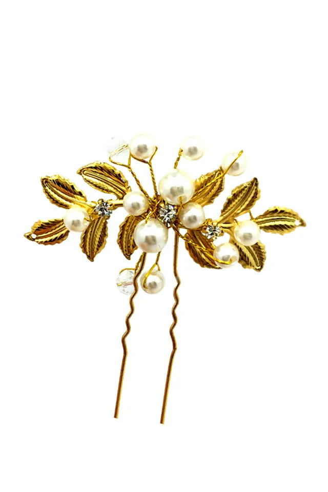 Agrafa pentru mireasa cu frunze aurii perle si cristale albe pentru coc