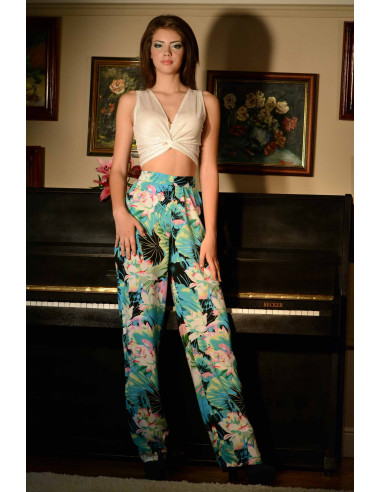 Compleu pantalon colorat si top transparent