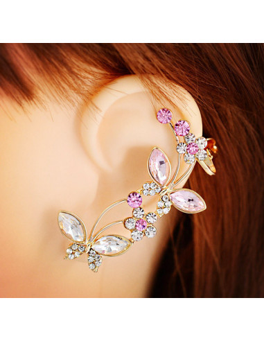 Cercel ear cuff, model statement cu fluturi si cristale albe si roz