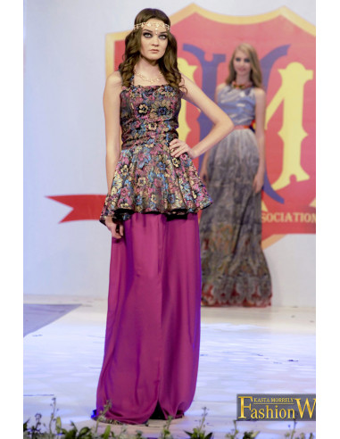 Compleu Mauve Flowers, cu top din brocard si fusta din matase mov
