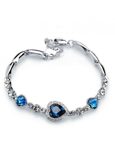 Bratara luxury argintie cu trei inimioare albastre si cristale stralucitoare