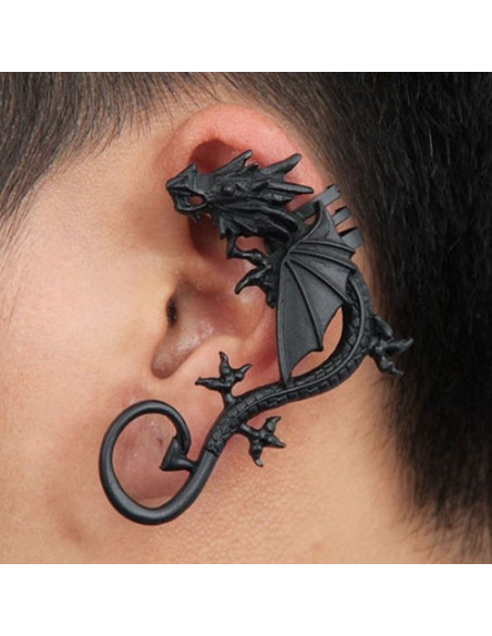 Cercel tip ear cuff, model cu dragon cu creasta si aripi mici, coada ascutita, prindere pe ureche