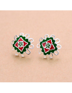 Cercei placati cu argint, flori cu decor verde si rosu din email 2