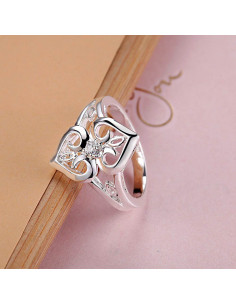 Inel placat cu argint, doua inimi cu cristal alb de zirconie cubica 2