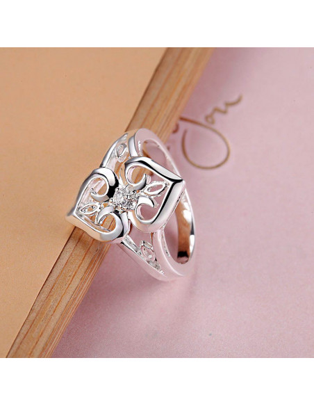 Inel placat cu argint, doua inimi cu cristal alb de zirconie cubica
