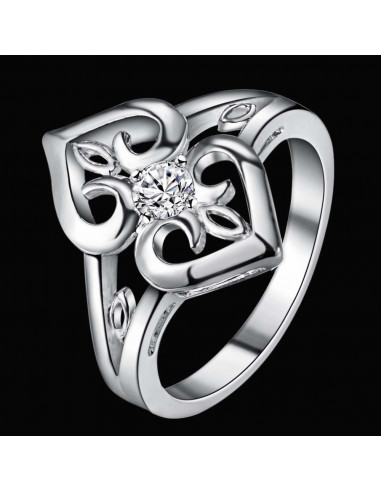 Inel placat cu argint, doua inimi cu cristal alb de zirconie cubica