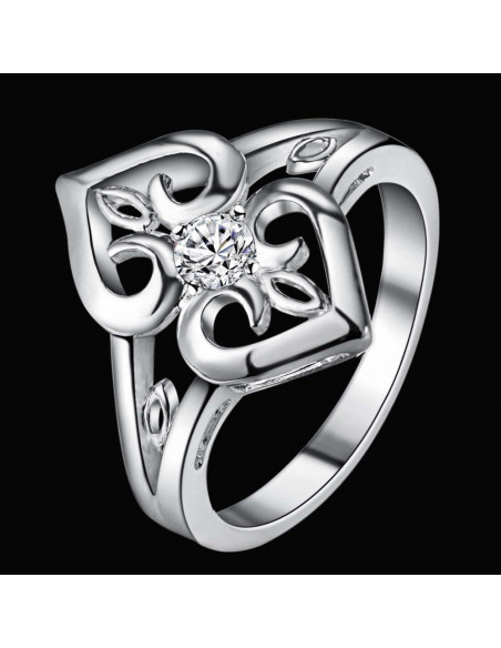 Inel placat cu argint, doua inimi cu cristal alb de zirconie cubica