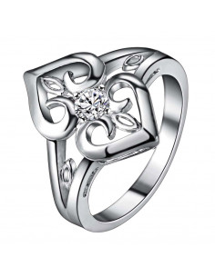 Inel placat cu argint, doua inimi cu cristal alb de zirconie cubica
