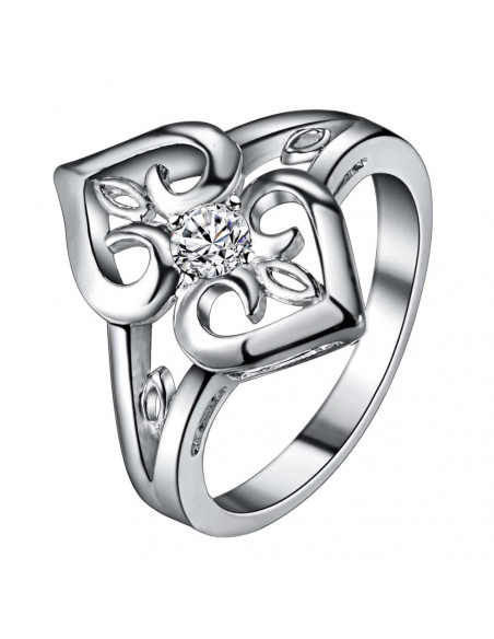 Inel placat cu argint, doua inimi cu cristal alb de zirconie cubica