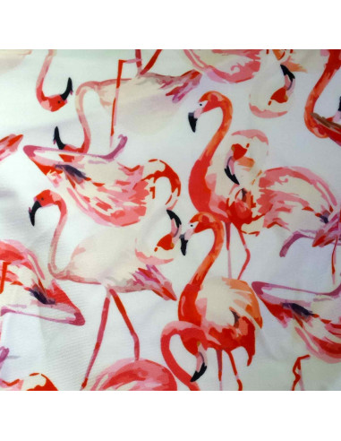Costum de baie alb, cu volan mare si imprimeu Pink Flamingo