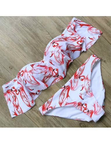 Costum de baie alb, cu volan mare si imprimeu Pink Flamingo
