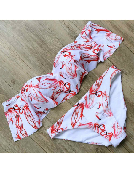 Costum de baie alb, cu volan mare si imprimeu Pink Flamingo