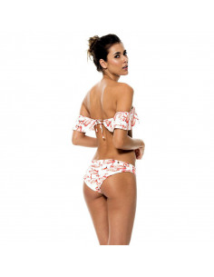 Costum de baie alb, cu volan mare si imprimeu Pink Flamingo 2