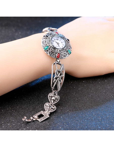 Ceas de mana cu inimioare si sageti, cristale si hematite, vintage glam