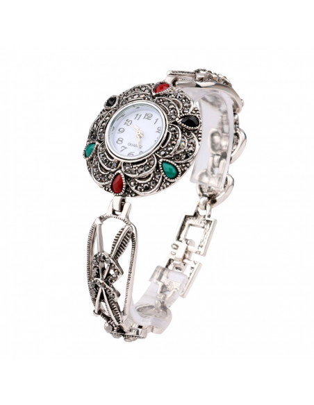 Ceas de mana cu inimioare si sageti, cristale si hematite, vintage glam