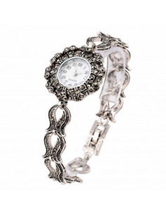 Ceas de mana de dama model vintage cu bratara din flori ondulate si hematite