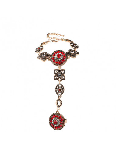 Bratara cu inel vintage, cristale rosii si albe si medalioane geometrice