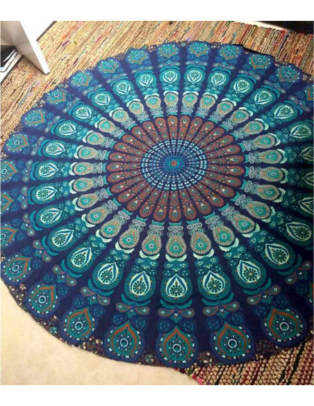 Cearceaf de plaja rotund, cu imprimeu mandala albastru