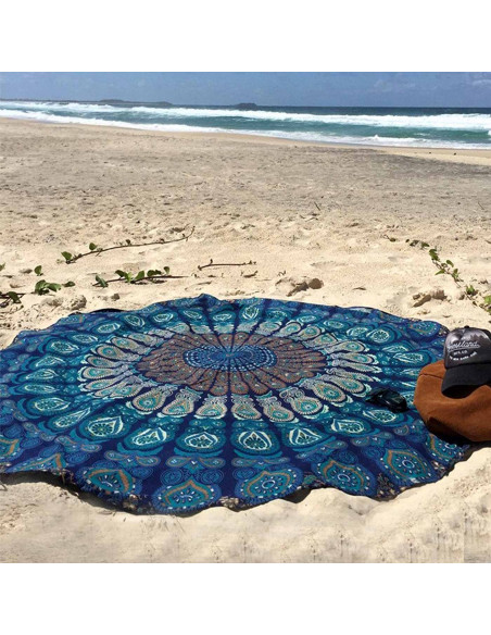 Cearceaf de plaja rotund, cu imprimeu mandala albastru