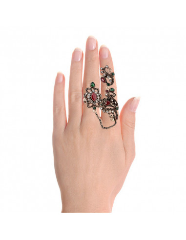 Inel vintage dublu, legat cu lantisor fatetat, model turcesc spiralat cu cristale si hematite