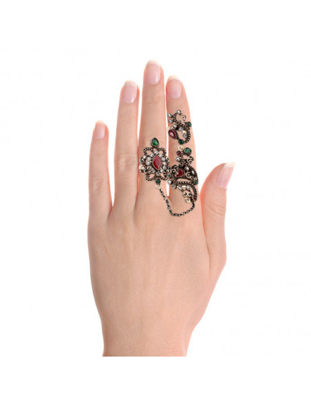 Inel vintage dublu, legat cu lantisor fatetat, model turcesc spiralat cu cristale si hematite